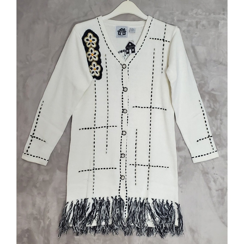 Storybook Knits Long Cardigan Sweater Womens S White Floral Fringe Buttons NWT